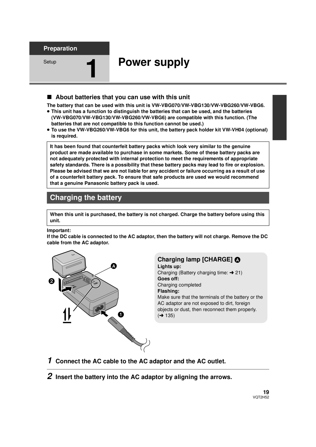 Panasonic VQT2H52, HDC-TM15P Power supply, Charging the battery, About batteries that you can use with this unit, Flashing 