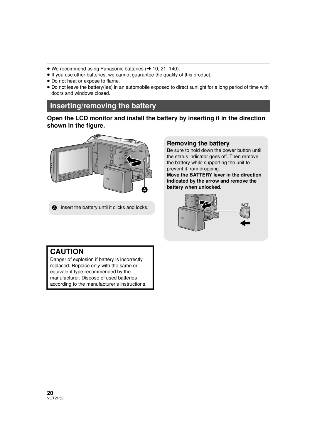 Panasonic HDC-SD10PP, HDC-TM15P, HDC-TM10PP, VQT2H52 operating instructions Inserting/removing the battery 