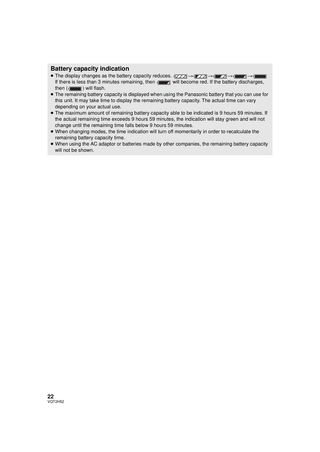 Panasonic HDC-TM10PP, HDC-SD10PP, HDC-TM15P, VQT2H52 operating instructions Battery capacity indication 