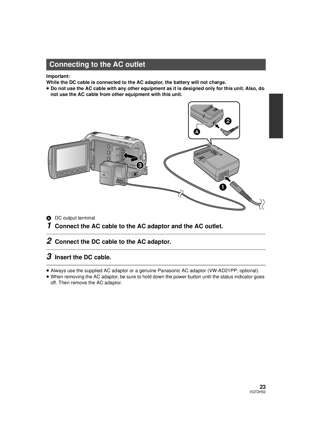 Panasonic VQT2H52, HDC-SD10PP, HDC-TM15P, HDC-TM10PP operating instructions Connecting to the AC outlet 