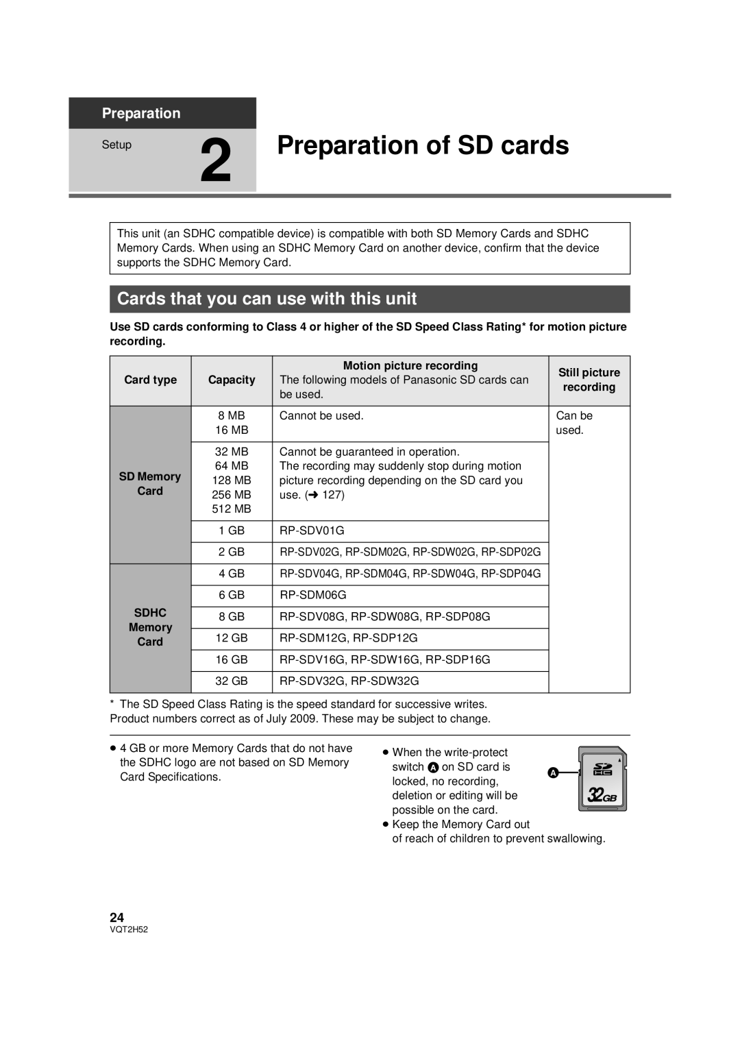 Panasonic HDC-SD10PP, HDC-TM15P, HDC-TM10PP, VQT2H52 Preparation of SD cards, Cards that you can use with this unit, Sdhc 