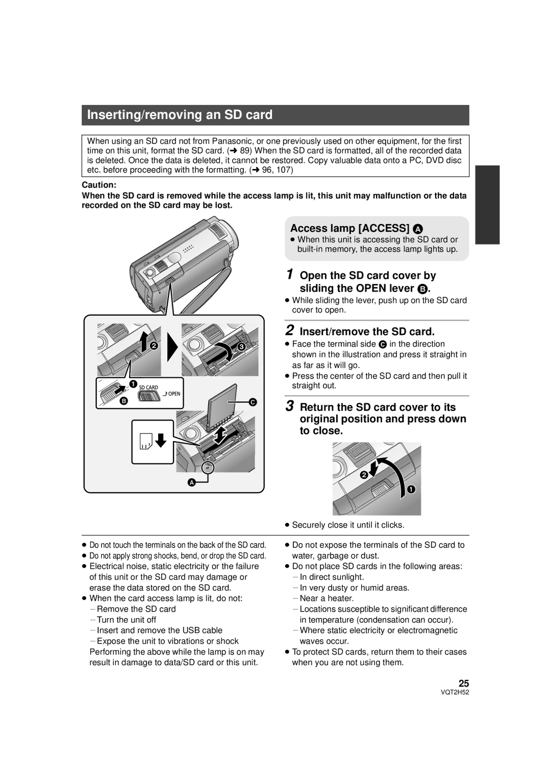 Panasonic HDC-TM15P, HDC-SD10PP, VQT2H52 Inserting/removing an SD card, Open the SD card cover by, Sliding the Open lever B 