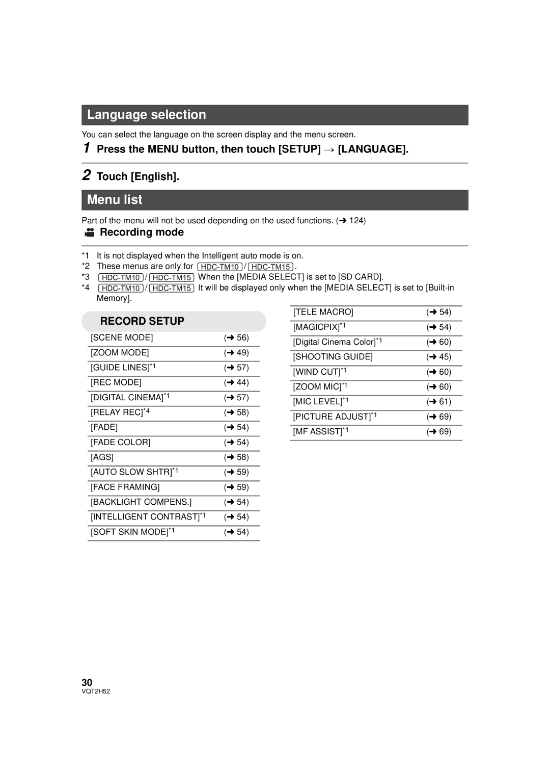 Panasonic HDC-TM10PP, HDC-SD10PP, HDC-TM15P, VQT2H52 operating instructions Language selection, Menu list, Recording mode 