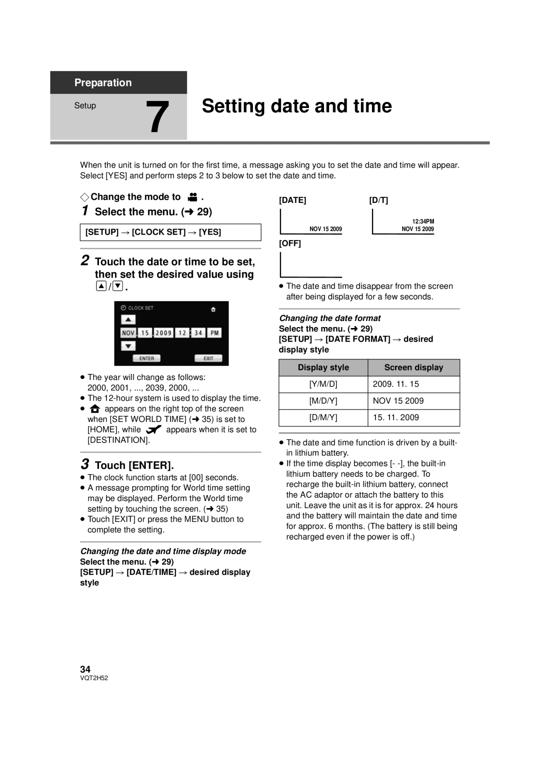 Panasonic HDC-TM10PP, HDC-SD10PP, HDC-TM15P Setting date and time, Select the menu. l, Touch Enter, ¬ Change the mode to 