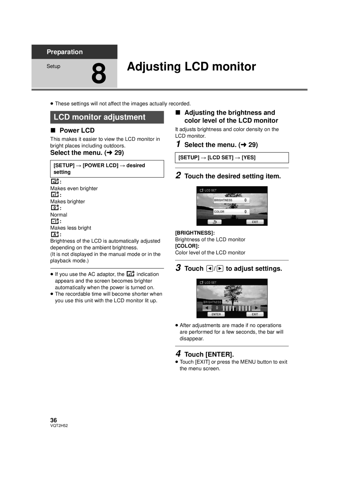 Panasonic HDC-SD10PP, HDC-TM15P, HDC-TM10PP, VQT2H52 operating instructions Adjusting LCD monitor, LCD monitor adjustment 