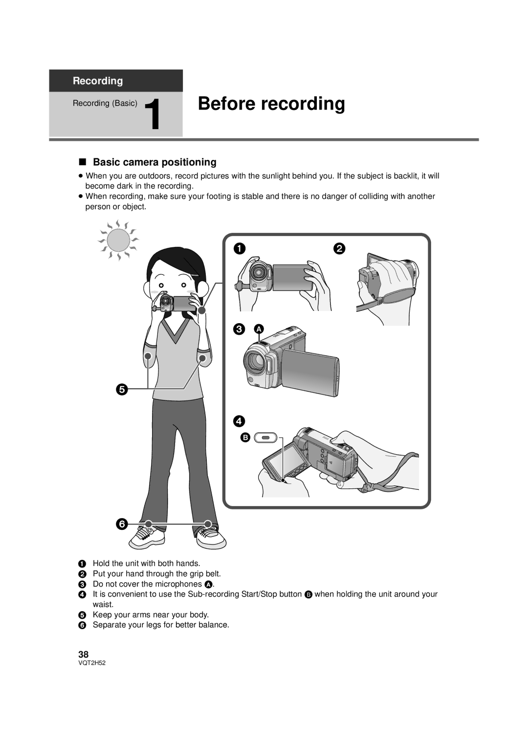 Panasonic HDC-TM10PP, HDC-SD10PP, HDC-TM15P, VQT2H52 operating instructions Before recording, Basic camera positioning 