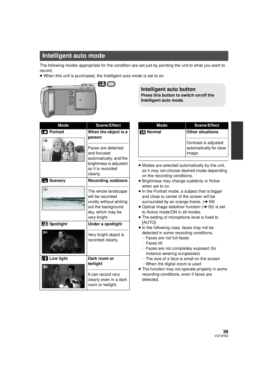 Panasonic VQT2H52, HDC-SD10PP, HDC-TM15P, HDC-TM10PP operating instructions Intelligent auto mode, Intelligent auto button 