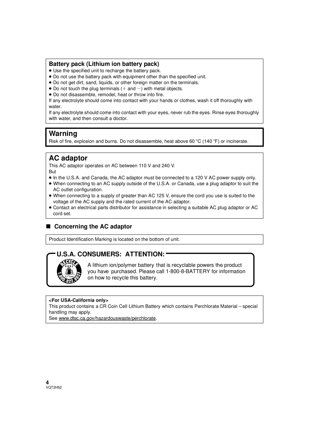 Panasonic HDC-SD10PP, HDC-TM15P Battery pack Lithium ion battery pack, Concerning the AC adaptor, For USA-California only 