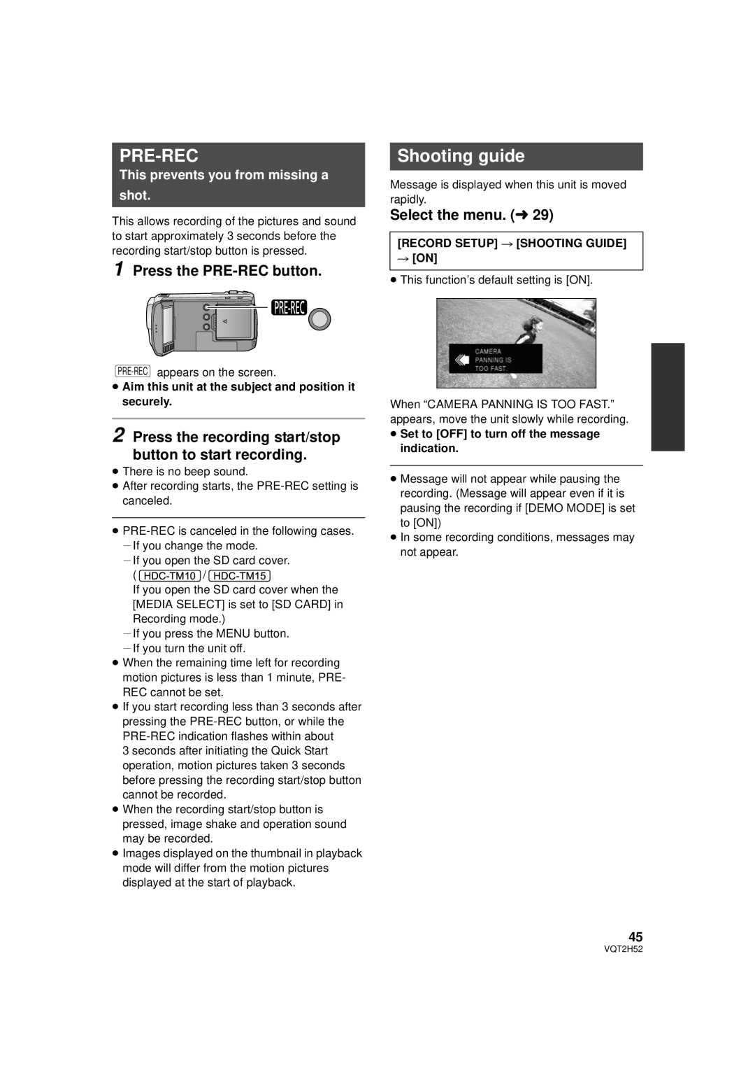 Panasonic HDC-TM15P, HDC-SD10PP, HDC-TM10PP, VQT2H52 Shooting guide, Press the PRE-REC button, Record Setup # Shooting Guide 