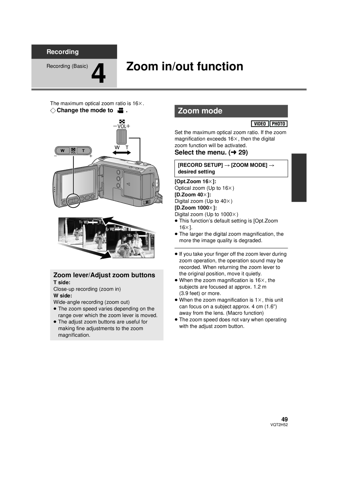 Panasonic HDC-TM15P, HDC-SD10PP Recording Basic 4 Zoom in/out function, Zoom mode, Zoom lever/Adjust zoom buttons, Side 