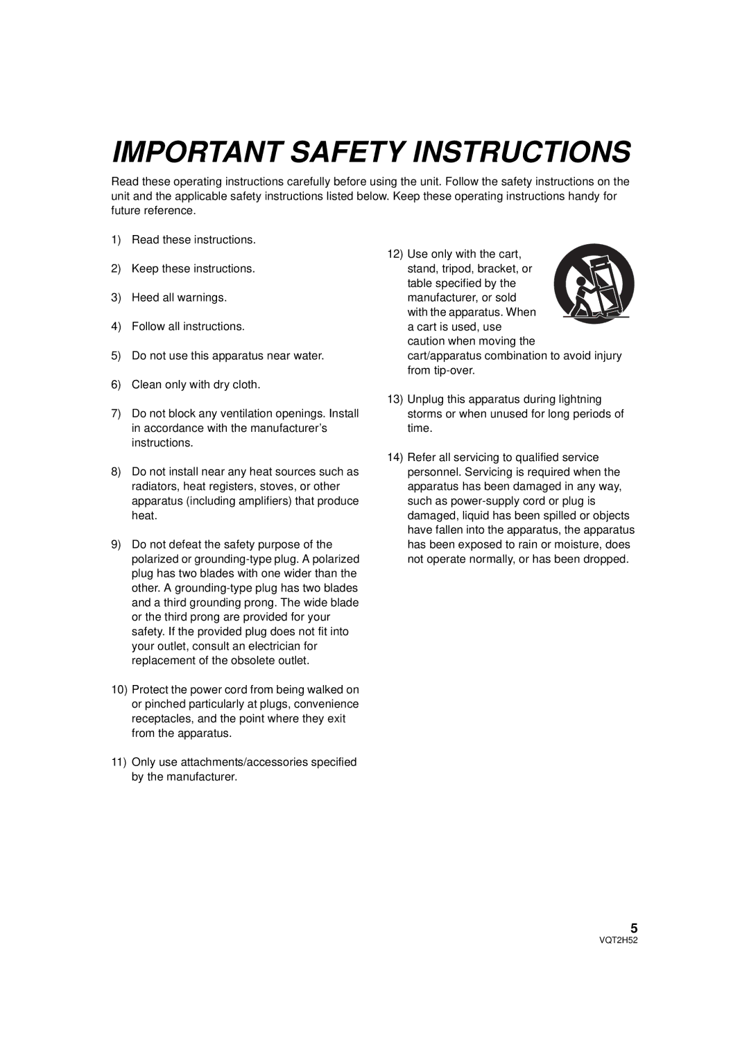 Panasonic HDC-TM15P, HDC-SD10PP, HDC-TM10PP, VQT2H52 operating instructions Important Safety Instructions 