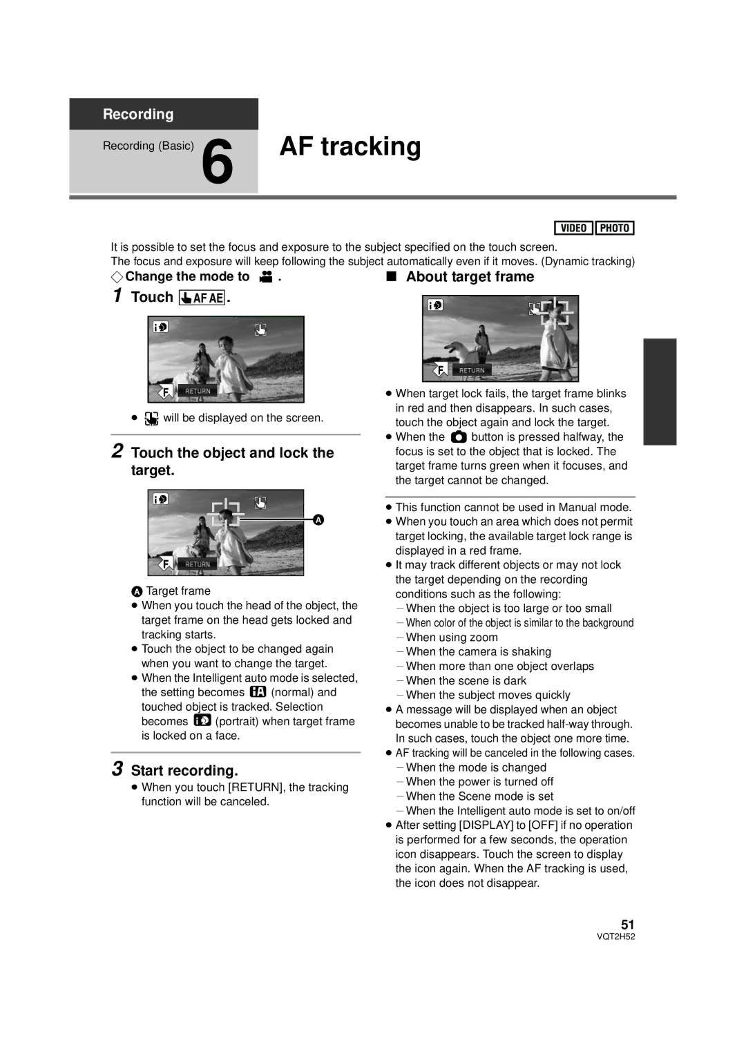 Panasonic VQT2H52, HDC-SD10PP, HDC-TM15P Touch the object and lock the target, Start recording, About target frame 