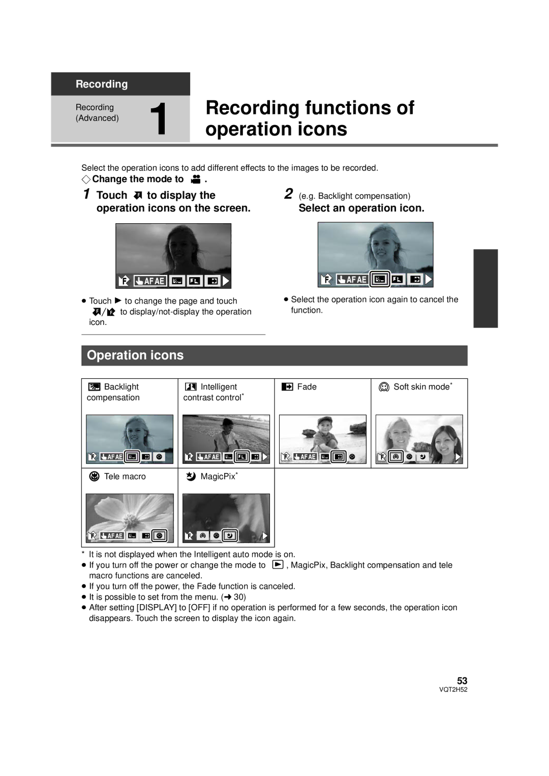 Panasonic HDC-TM15P, HDC-SD10PP, HDC-TM10PP Recording functions, Touch F to display, Operation icons on the screen 