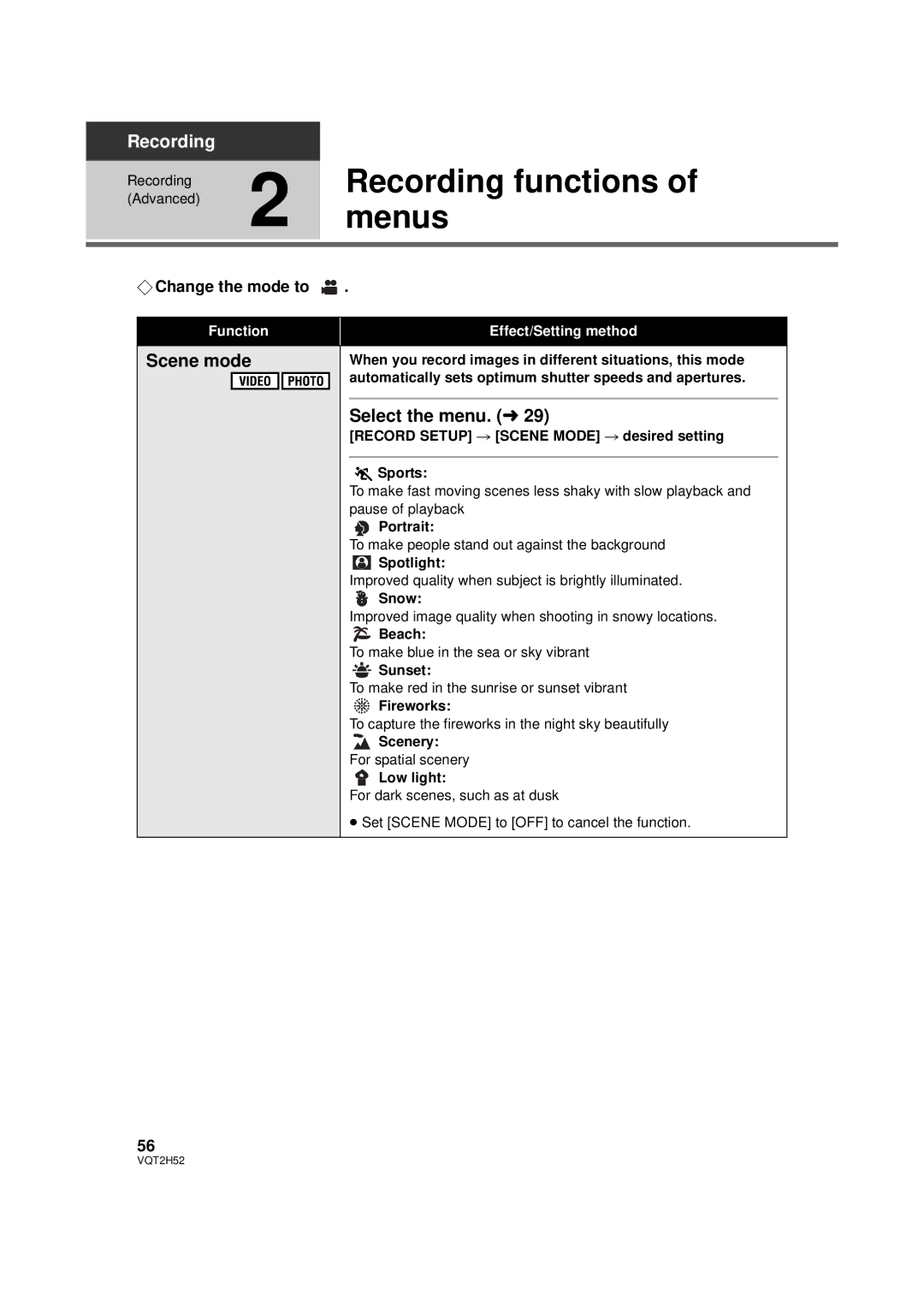 Panasonic HDC-SD10PP, HDC-TM15P, HDC-TM10PP, VQT2H52 operating instructions Menus, Scene mode 