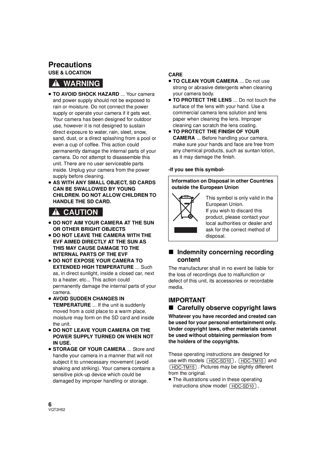 Panasonic HDC-TM10PP, HDC-SD10PP Indemnity concerning recording content, Carefully observe copyright laws, USE & Location 