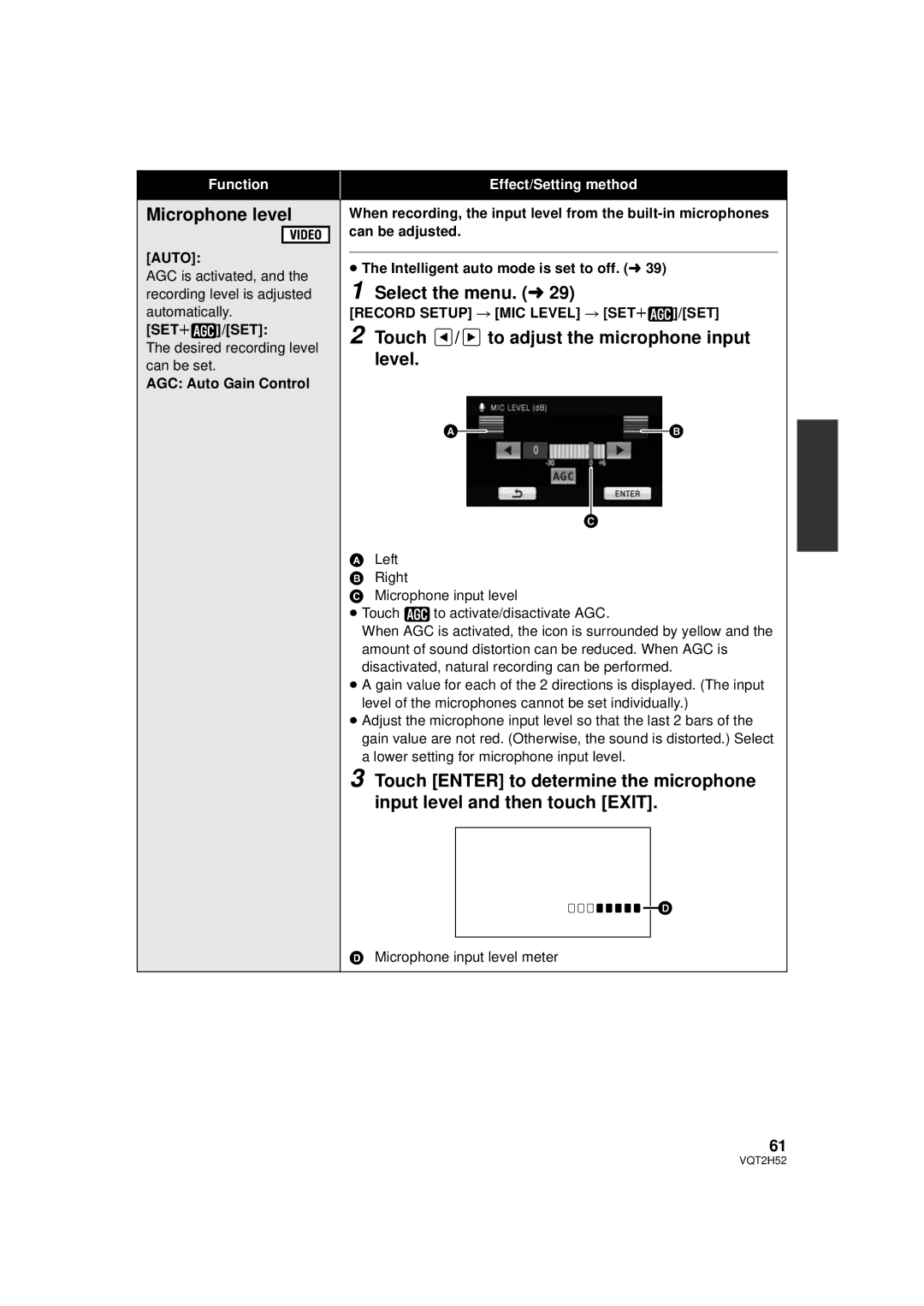 Panasonic HDC-TM15P, HDC-SD10PP, HDC-TM10PP Microphone level, Touch / to adjust the microphone input level, Auto, SETr /SET 