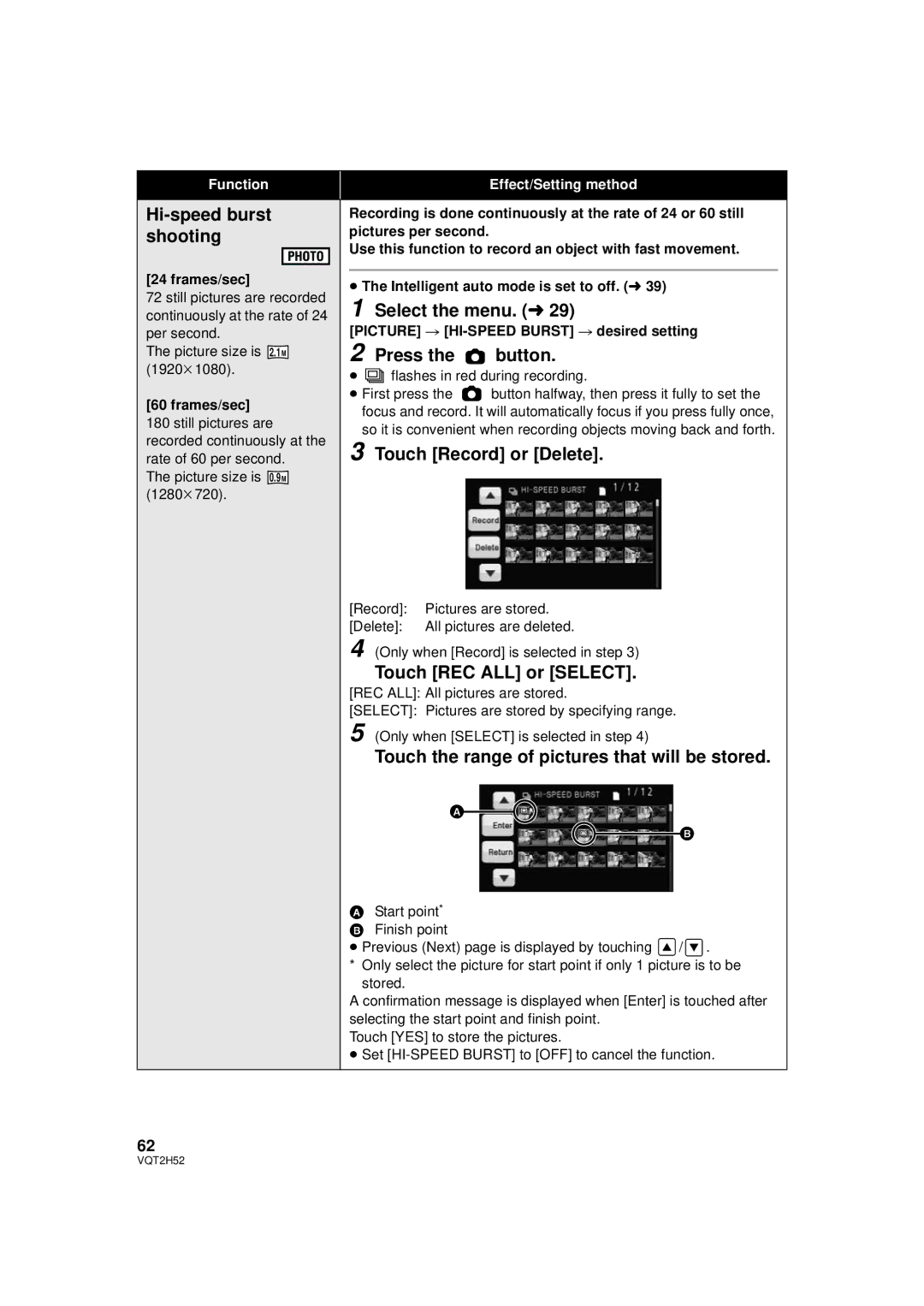 Panasonic HDC-TM10PP, HDC-TM15P Hi-speed burst shooting, Press the button, Touch Record or Delete, Touch REC ALL or Select 