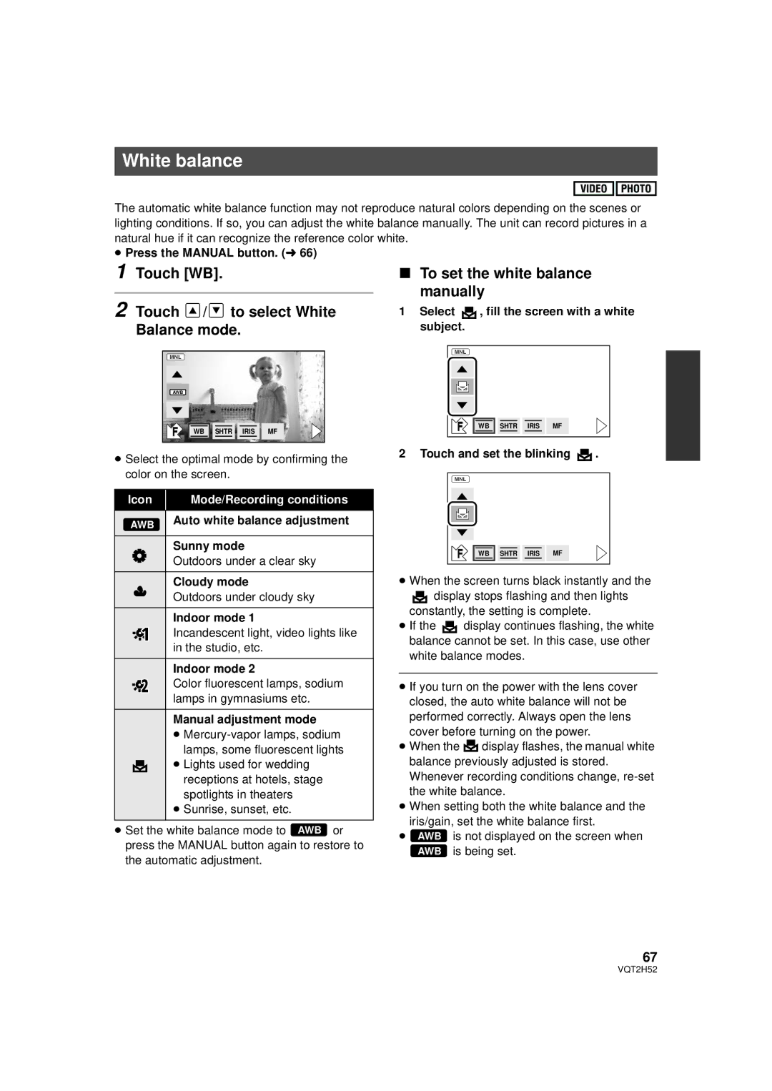 Panasonic VQT2H52, HDC-SD10PP, HDC-TM15P, HDC-TM10PP operating instructions White balance 