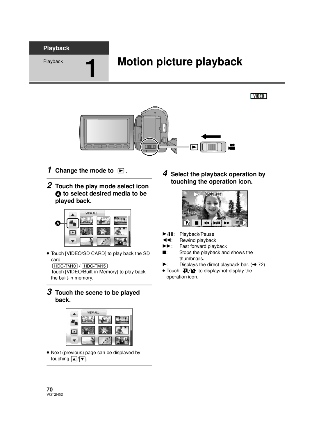 Panasonic HDC-TM10PP Select the playback operation by touching the operation icon, Touch the scene to be played back 