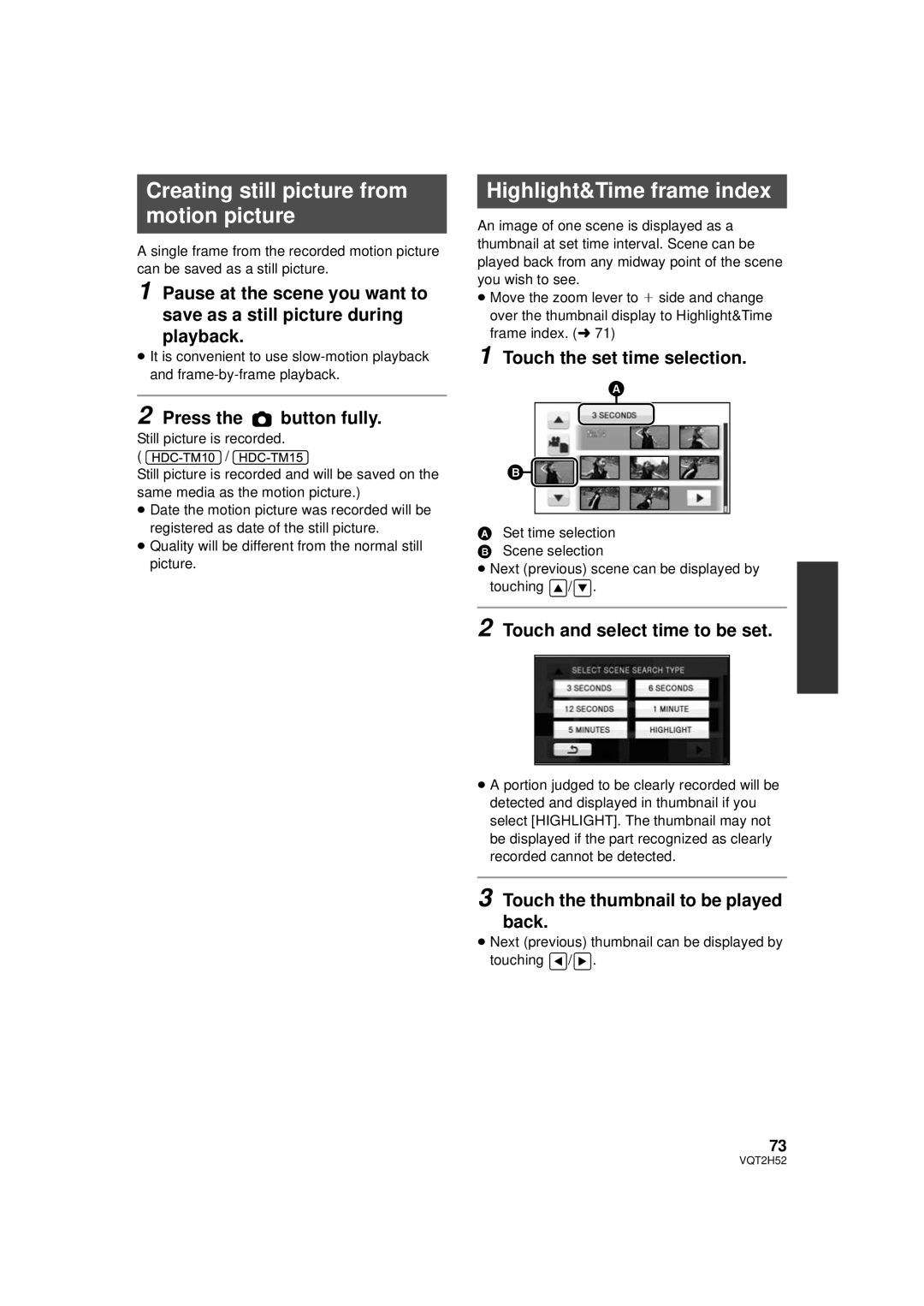 Panasonic HDC-TM15P Creating still picture from motion picture, Highlight&Time frame index, Touch the set time selection 