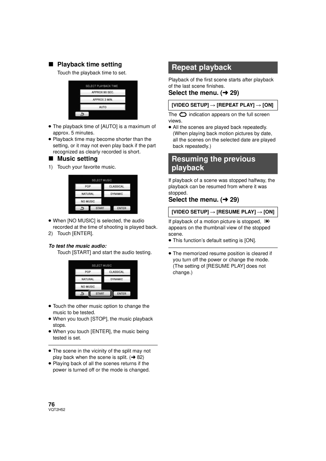 Panasonic HDC-SD10PP, HDC-TM15P Repeat playback, Resuming the previous playback, Playback time setting, Music setting 