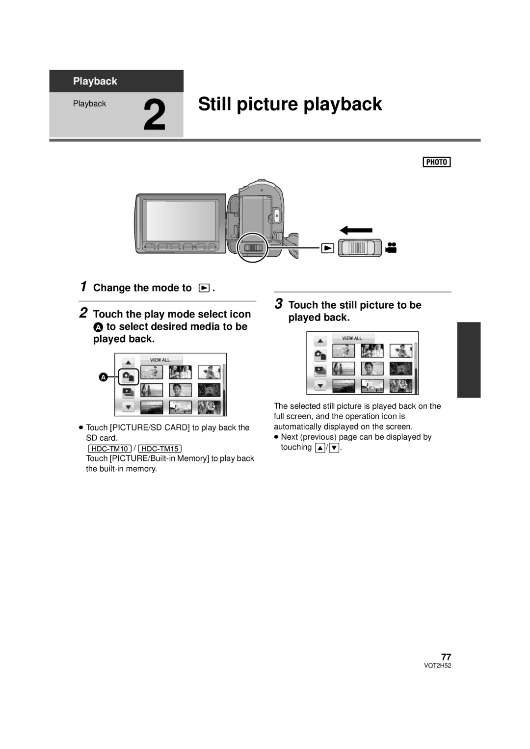 Panasonic HDC-TM15P, HDC-SD10PP, HDC-TM10PP, VQT2H52 operating instructions Still picture playback 