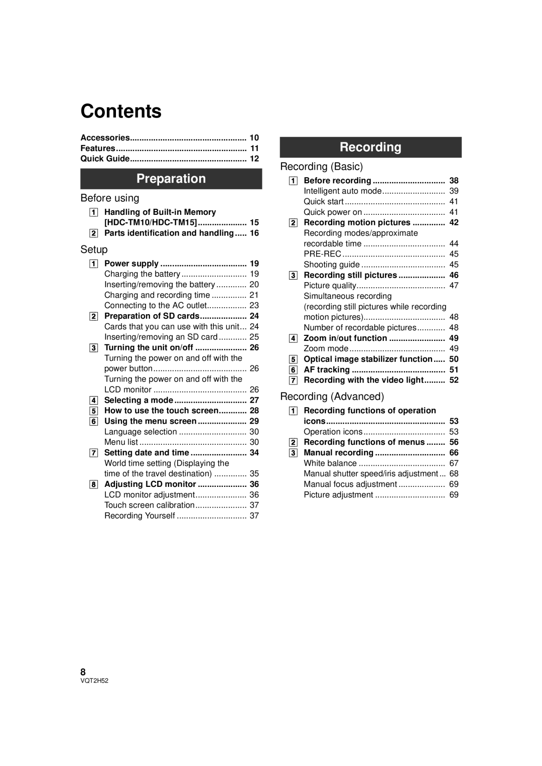 Panasonic HDC-SD10PP, HDC-TM15P, HDC-TM10PP, VQT2H52 operating instructions Contents 