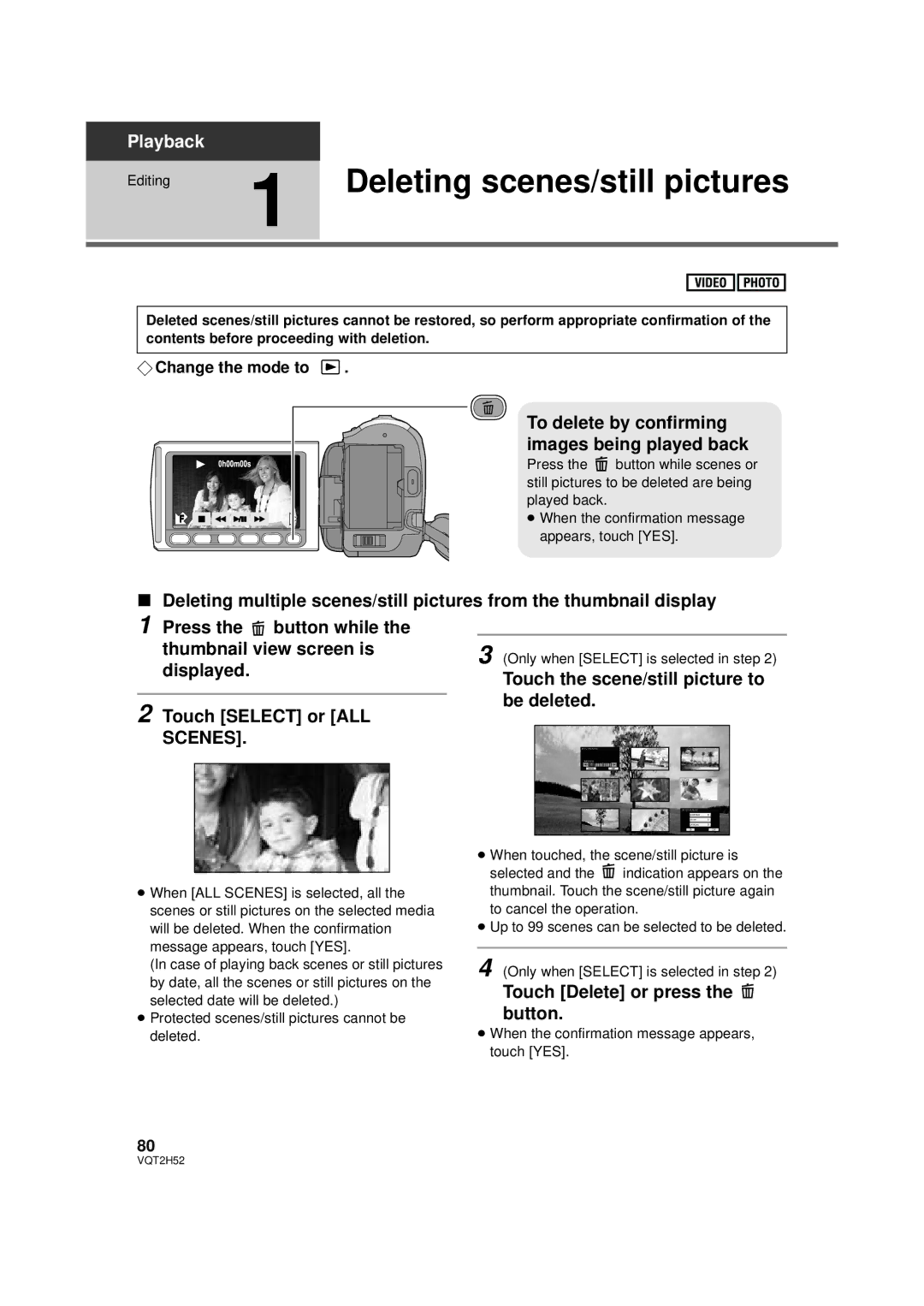 Panasonic HDC-SD10PP, HDC-TM15P, VQT2H52 Deleting scenes/still pictures, To delete by confirming images being played back 