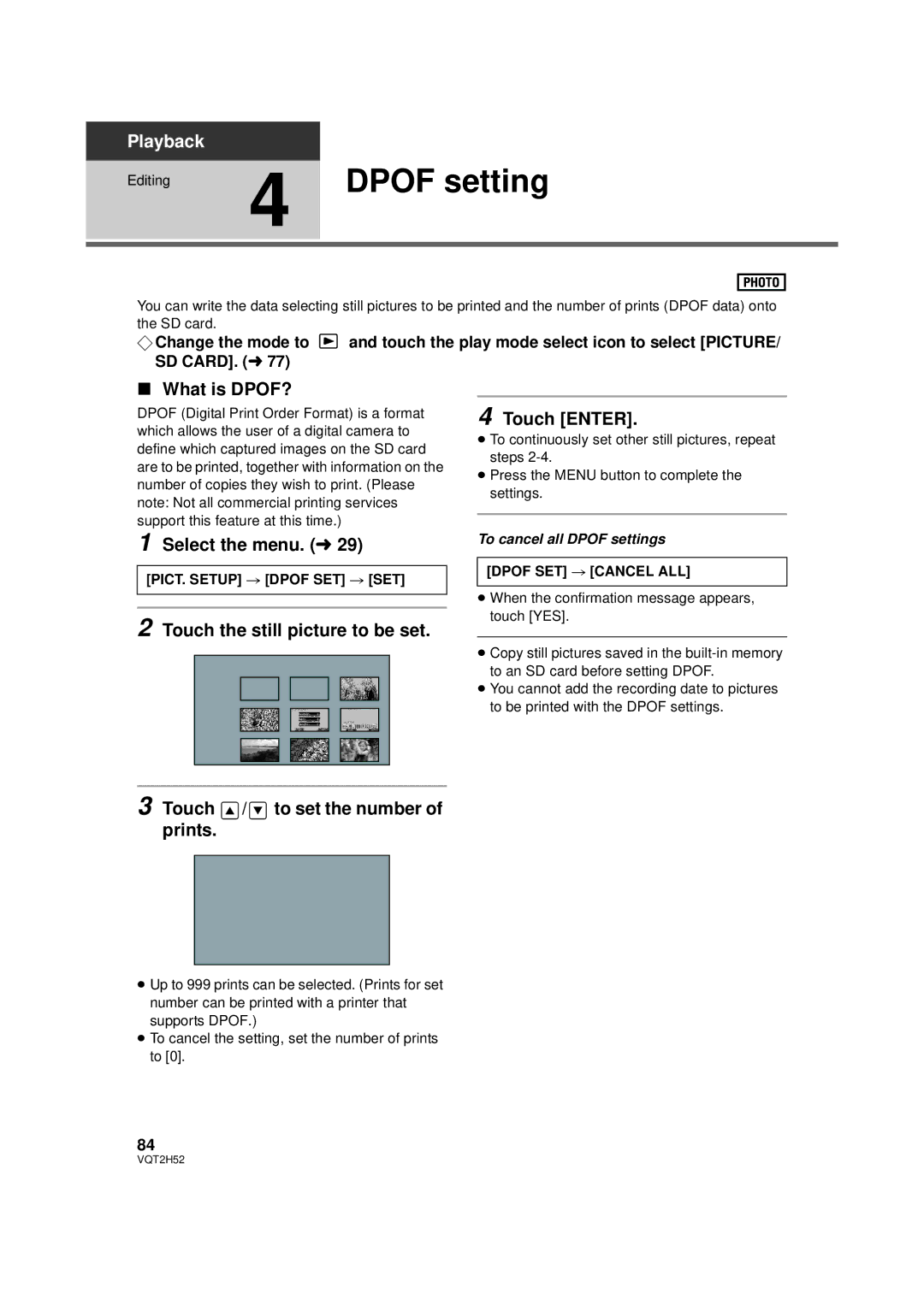 Panasonic HDC-SD10PP, HDC-TM15P, VQT2H52 Dpof setting, What is DPOF?, PICT. Setup # Dpof SET # SET, Dpof SET # Cancel ALL 