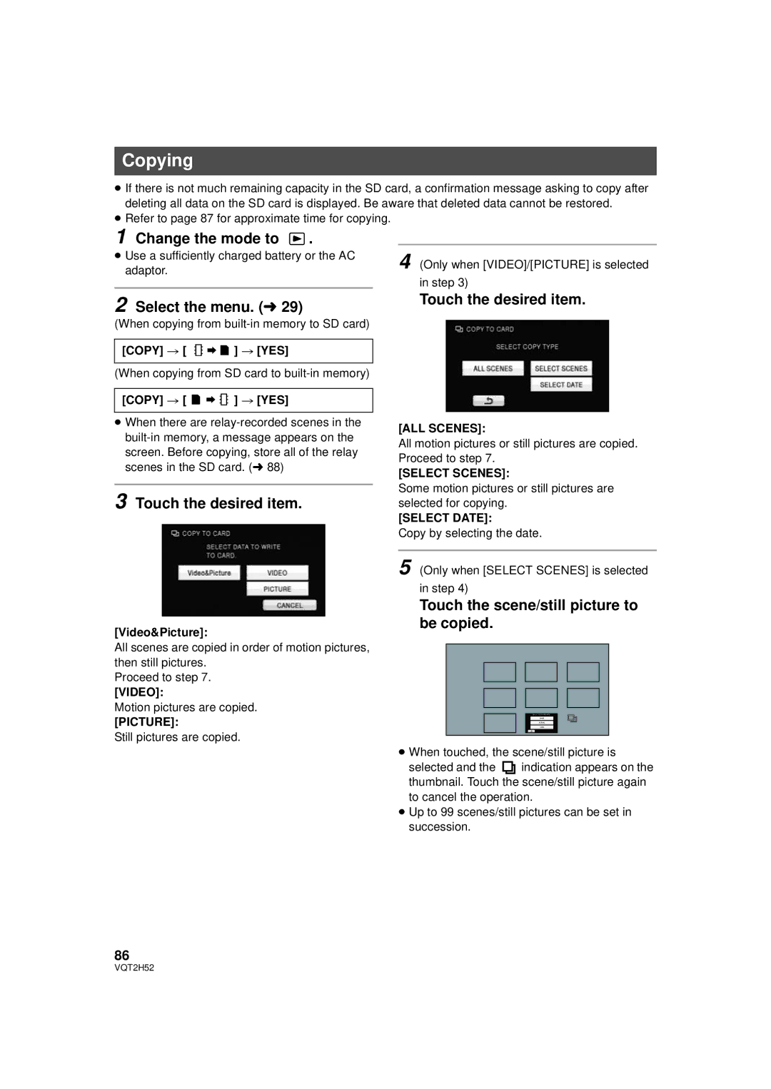 Panasonic HDC-TM10PP, HDC-SD10PP, HDC-TM15P, VQT2H52 Copying, Change the mode to, Touch the scene/still picture to be copied 