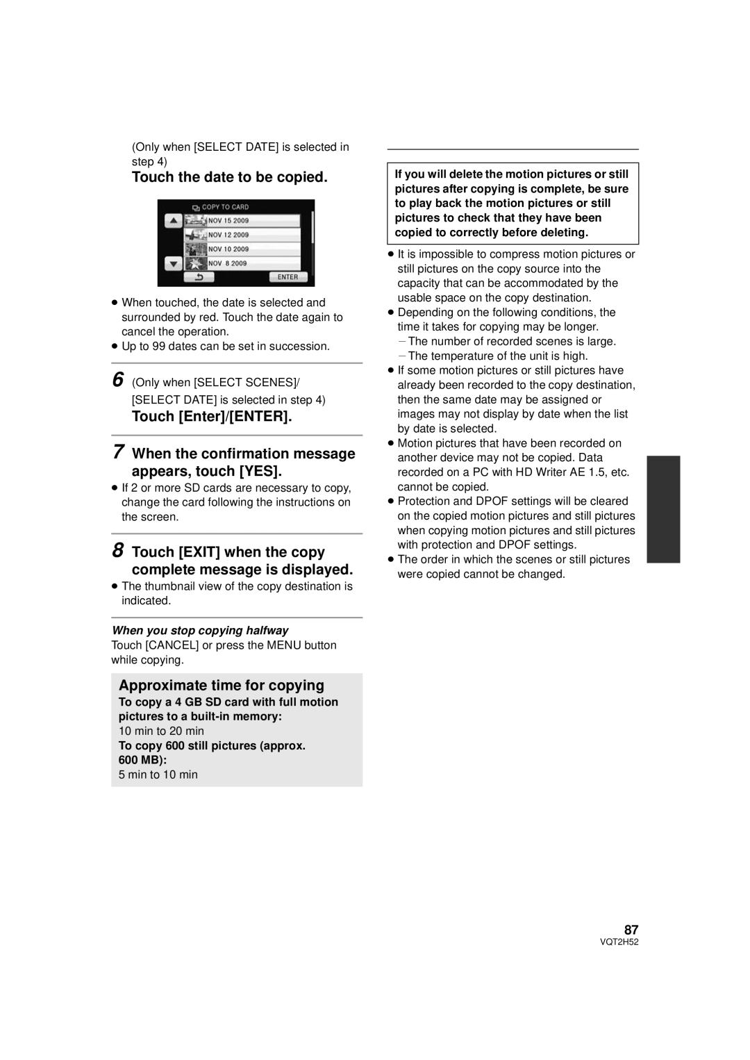 Panasonic VQT2H52, HDC-SD10PP Touch the date to be copied, Touch Exit when the copy complete message is displayed 