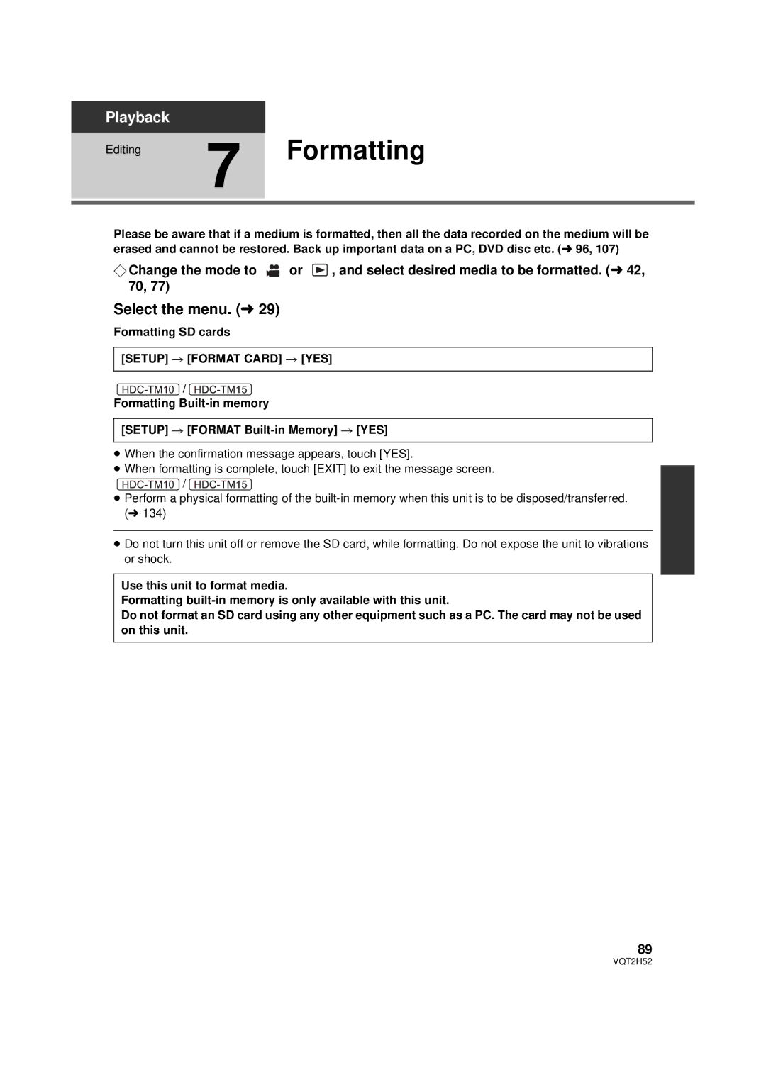 Panasonic HDC-TM15P, HDC-SD10PP, HDC-TM10PP, VQT2H52 Editing7 Formatting, Formatting SD cards, Setup # Format Card # YES 