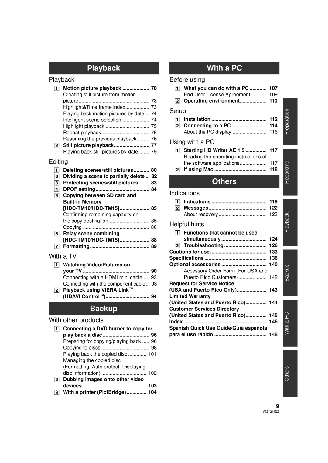 Panasonic HDC-TM15P, HDC-SD10PP, HDC-TM10PP, VQT2H52 operating instructions Playback, Backup, With a PC, Others 