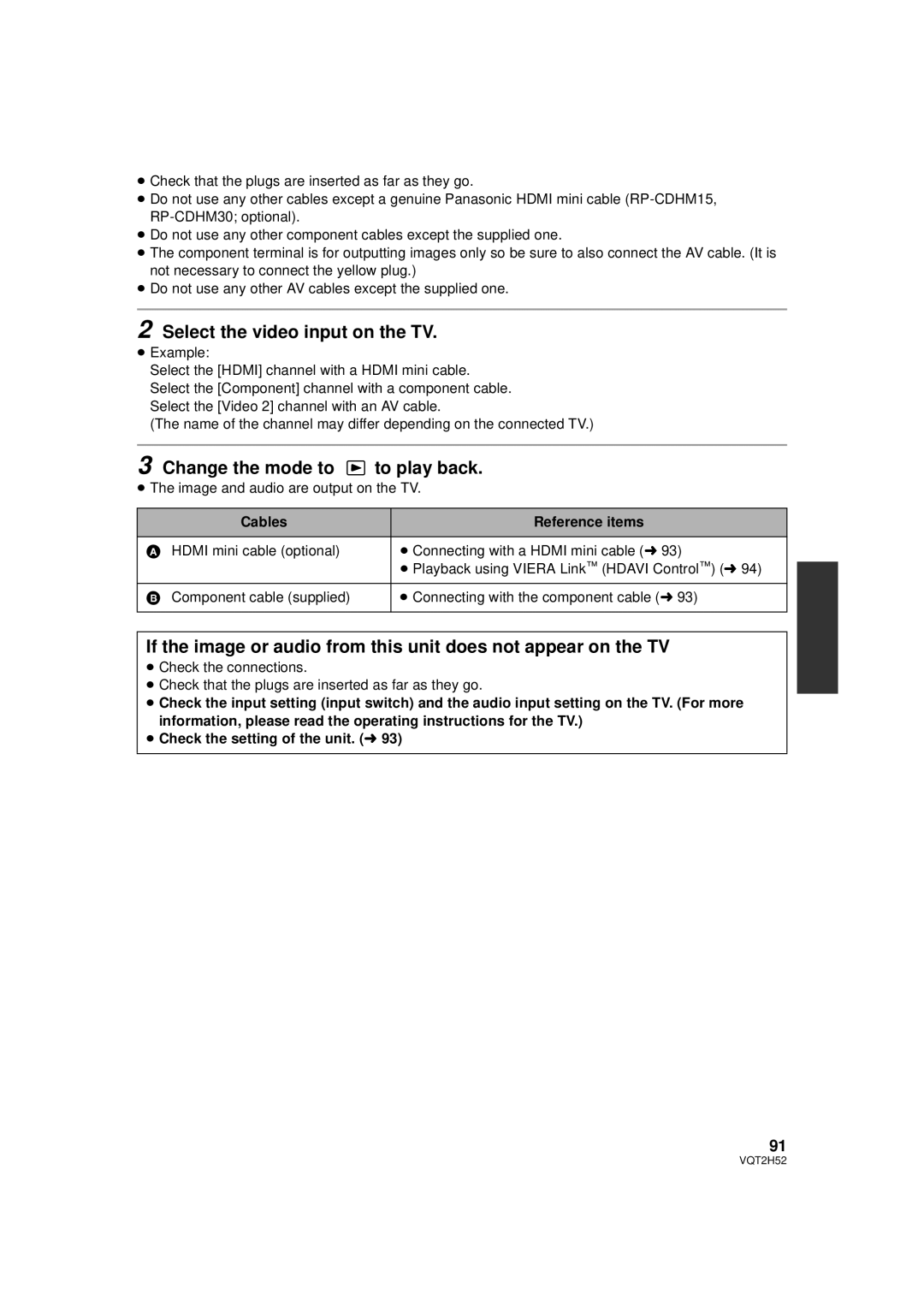 Panasonic VQT2H52, HDC-SD10PP Select the video input on the TV, Change the mode to to play back, Cables Reference items 