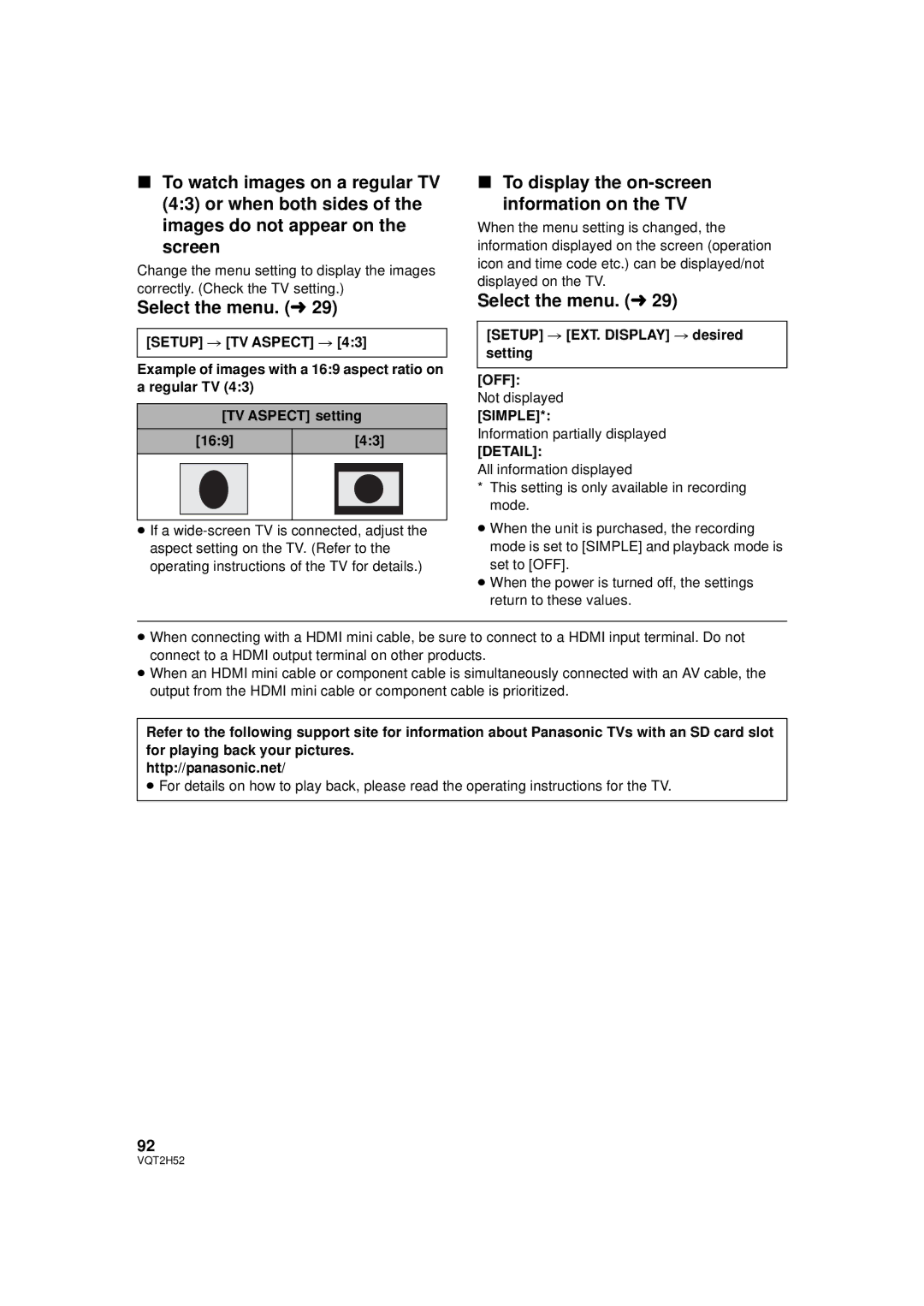 Panasonic HDC-SD10PP To display the on-screen information on the TV, Setup # EXT. Display # desired setting OFF, Simple 