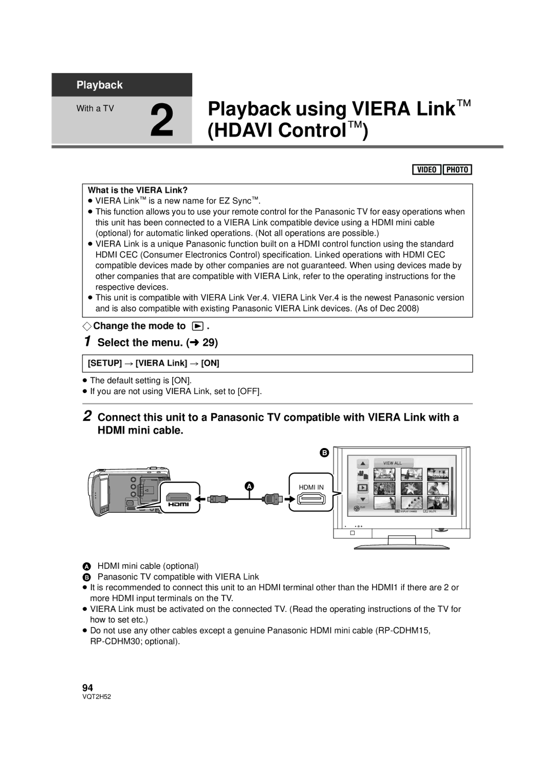 Panasonic HDC-TM10PP, HDC-TM15P Playback using Viera Link, Hdavi Control, What is the Viera Link?, Setup # Viera Link # on 