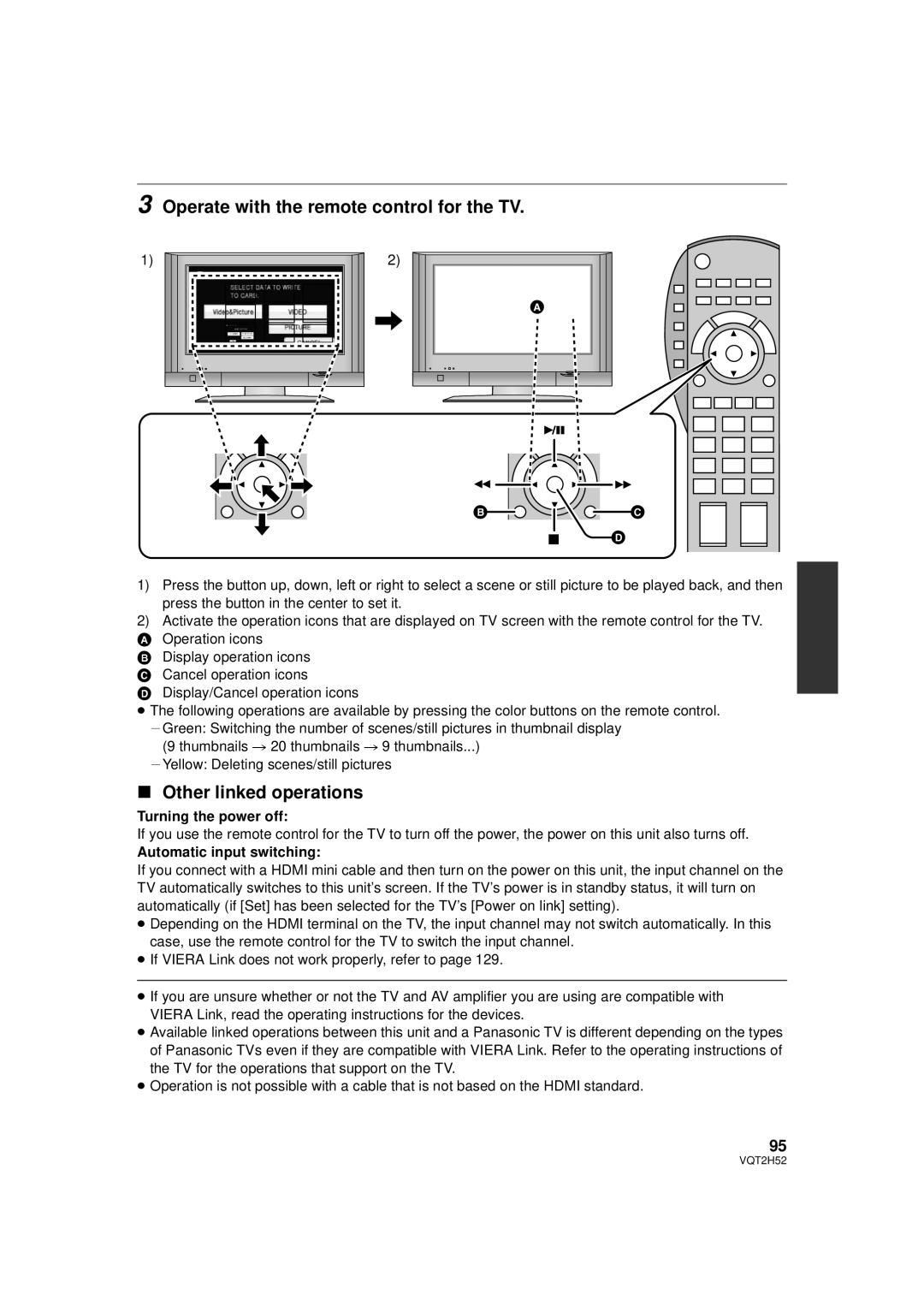 Panasonic VQT2H52 Operate with the remote control for the TV, Other linked operations,  , Turning the power off 