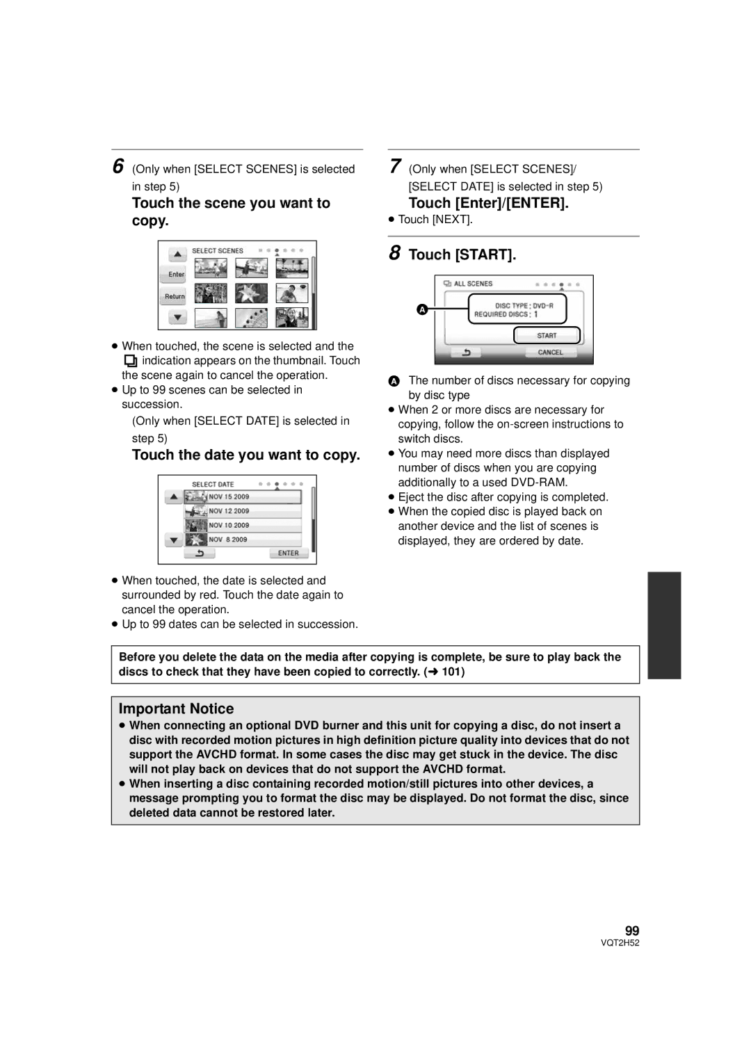 Panasonic VQT2H52 Touch the scene you want to copy, Touch the date you want to copy, Touch Enter/ENTER, Important Notice 