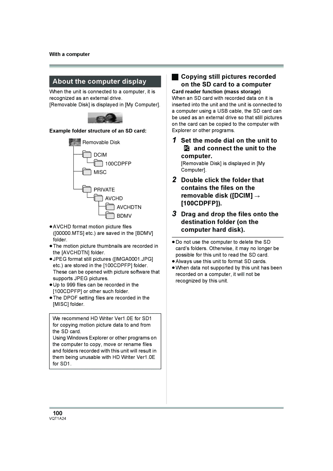 Panasonic HDC-SD1PP operating instructions About the computer display, Set the mode dial on the unit to, Computer, 100 