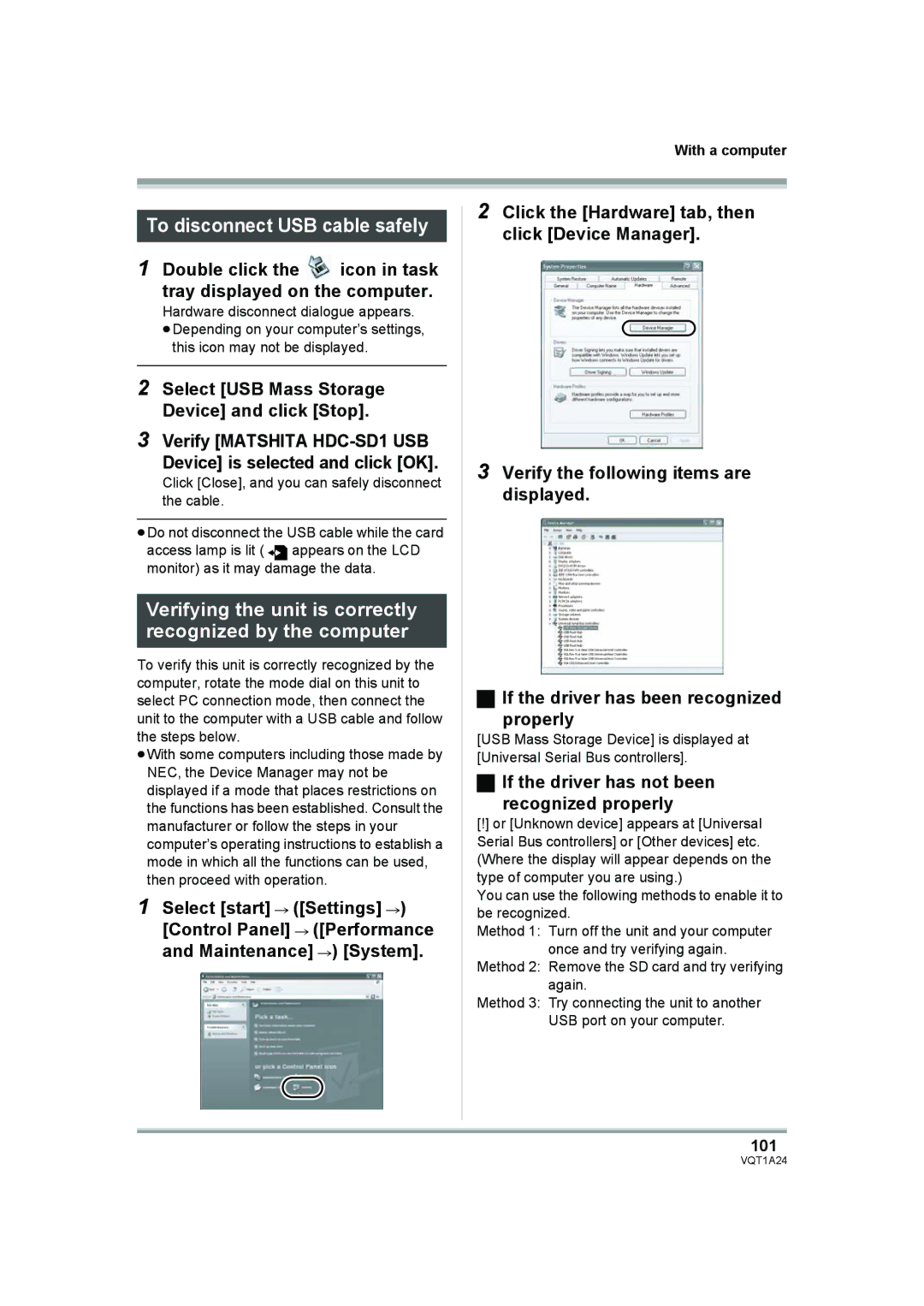 Panasonic HDC-SD1PP To disconnect USB cable safely, Verifying the unit is correctly recognized by the computer, 101 
