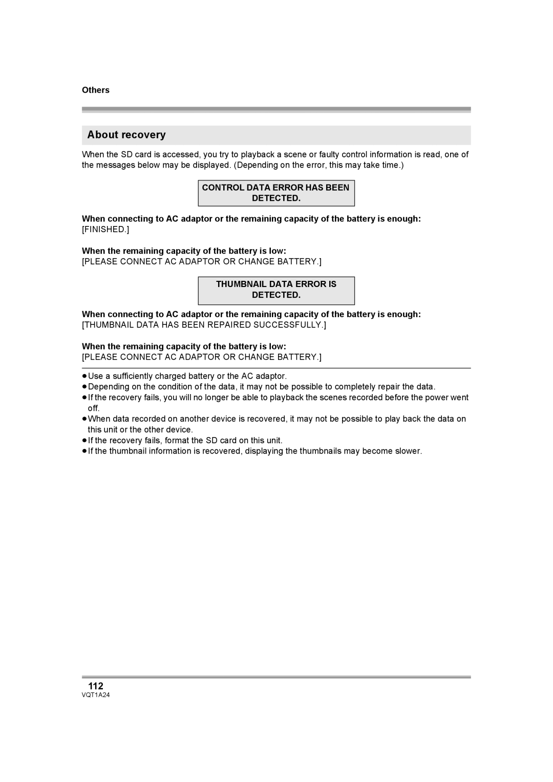 Panasonic HDC-SD1PP operating instructions About recovery, 112 