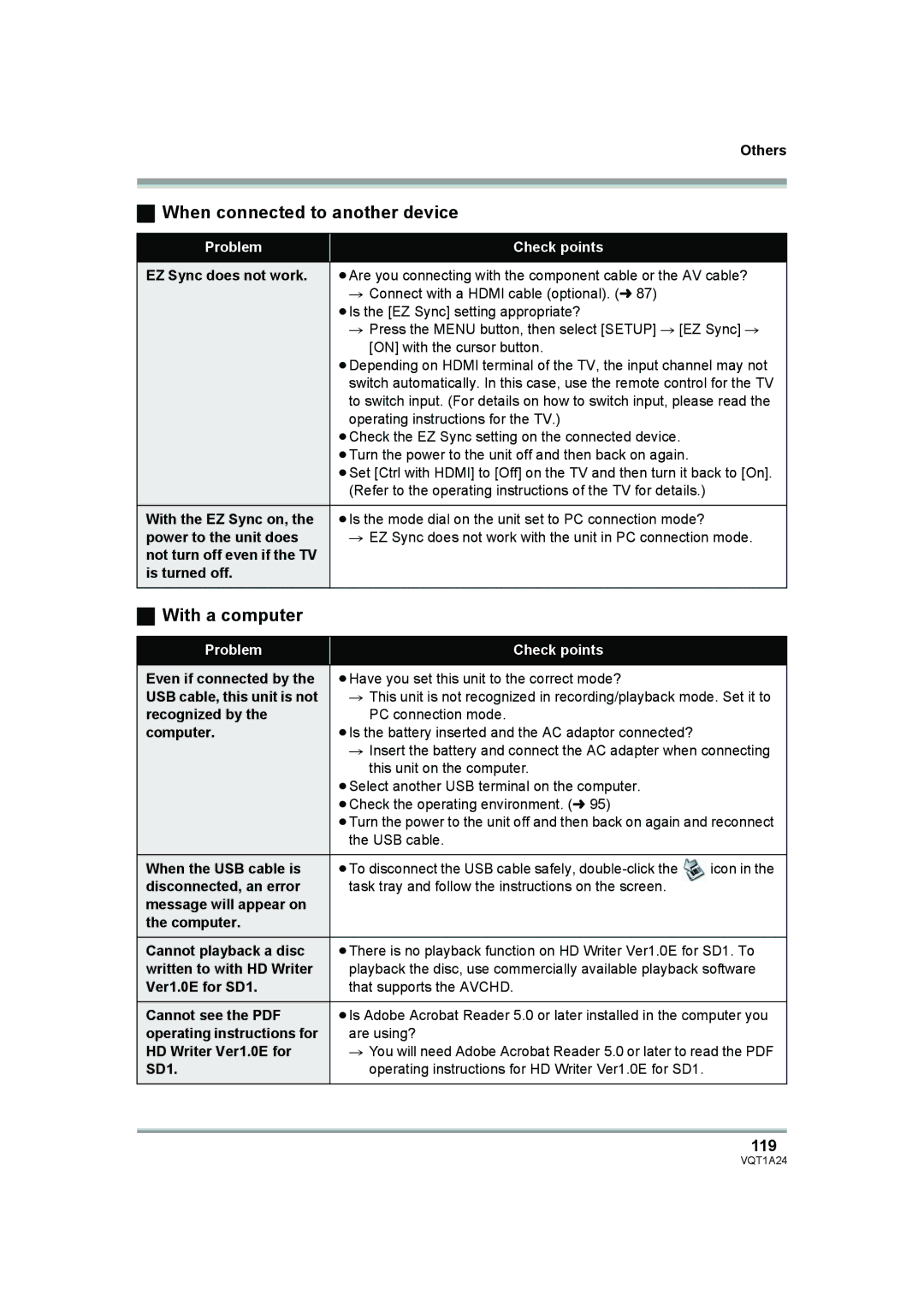 Panasonic HDC-SD1PP operating instructions When connected to another device, With a computer, 119 