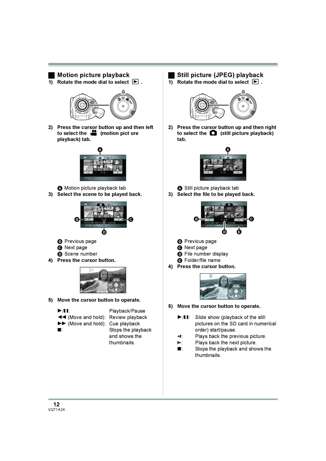 Panasonic HDC-SD1PP Motion picture playback, Still picture Jpeg playback, Select the scene to be played back 