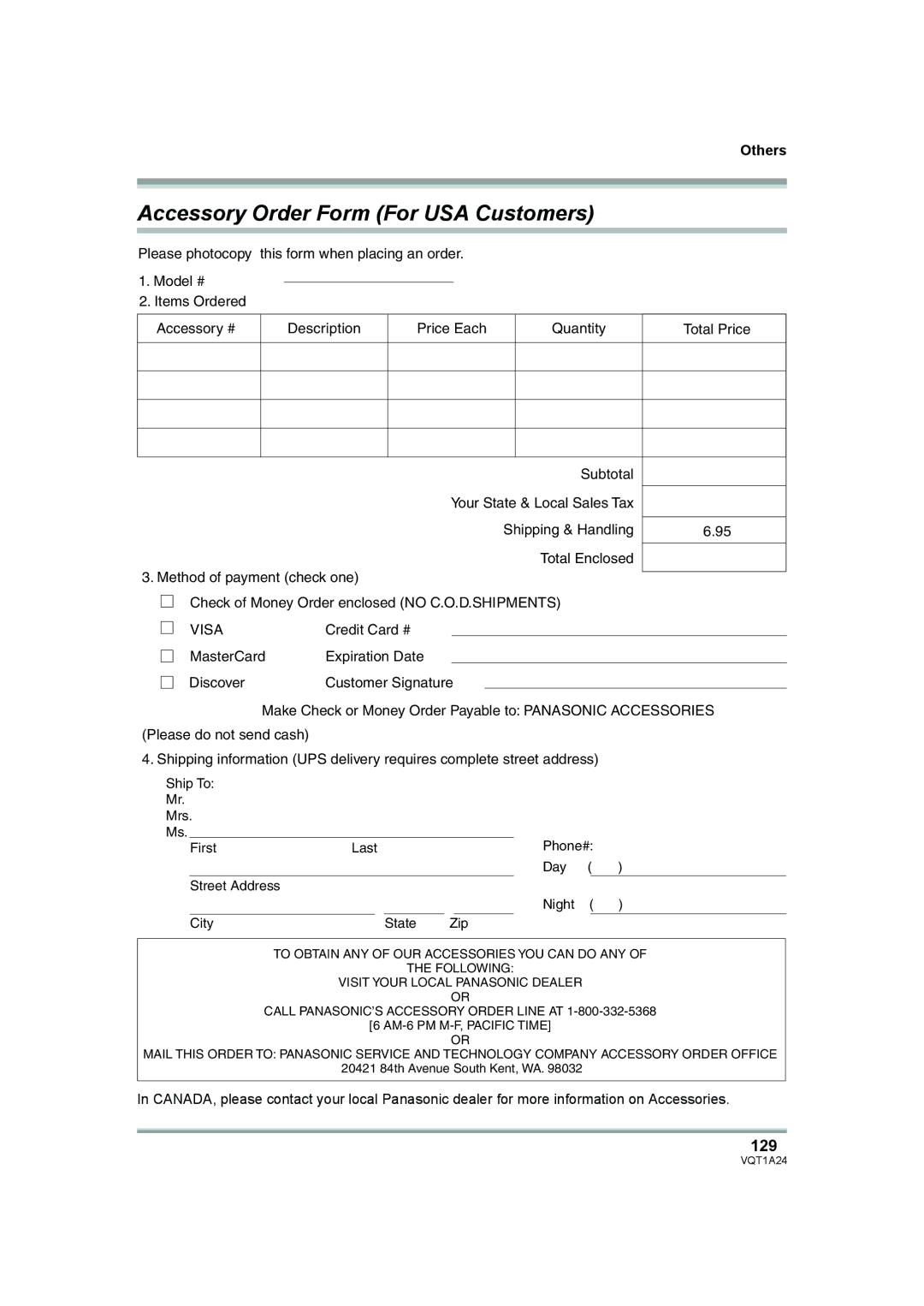 Panasonic HDC-SD1PP operating instructions Accessory Order Form For USA Customers, 129 