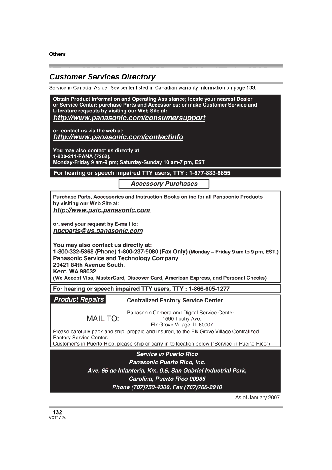 Panasonic HDC-SD1PP operating instructions Customer Services Directory, 132 