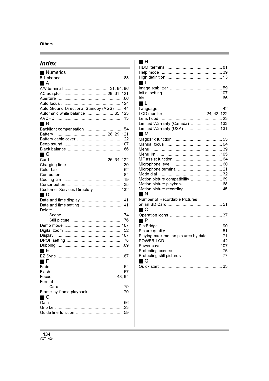 Panasonic HDC-SD1PP operating instructions Index, 134 