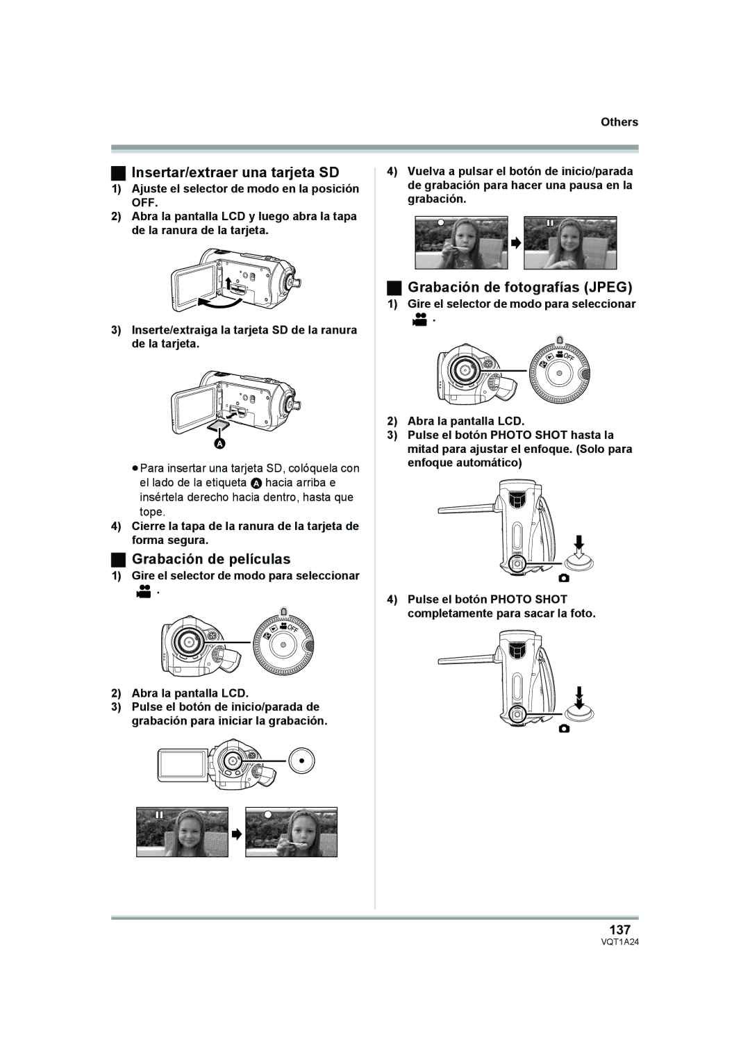 Panasonic HDC-SD1PP Insertar/extraer una tarjeta SD, Grabación de películas, Grabación de fotografías Jpeg, 137 