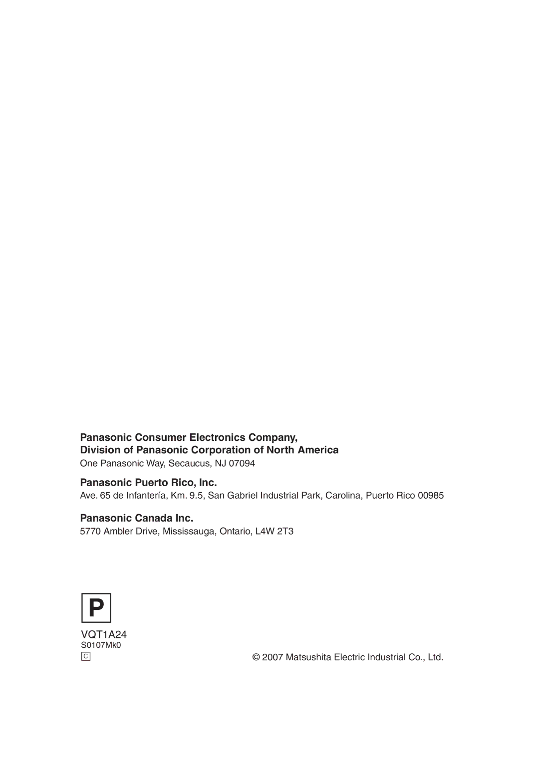 Panasonic HDC-SD1PP operating instructions Panasonic Puerto Rico, Inc 