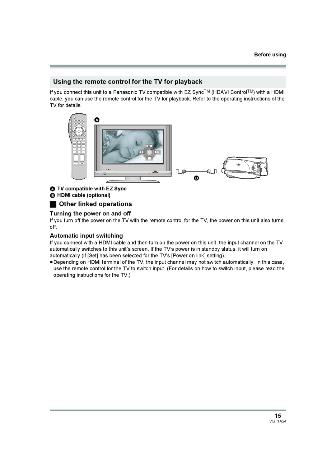 Panasonic HDC-SD1PP Using the remote control for the TV for playback, Other linked operations, Automatic input switching 