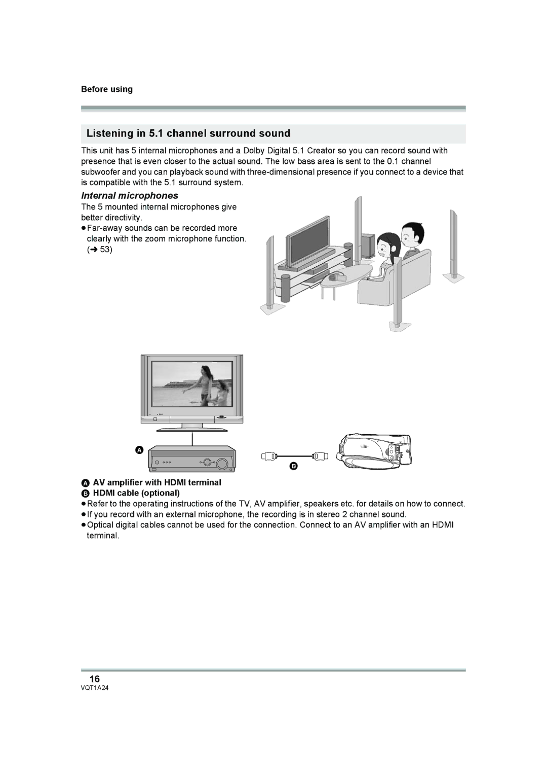 Panasonic HDC-SD1PP operating instructions Listening in 5.1 channel surround sound, Internal microphones 